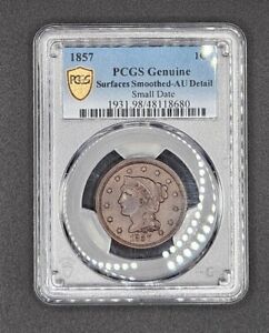 1857 (Small Date) Braided Hair Large Cent | PCGS Genuine, AU Detail