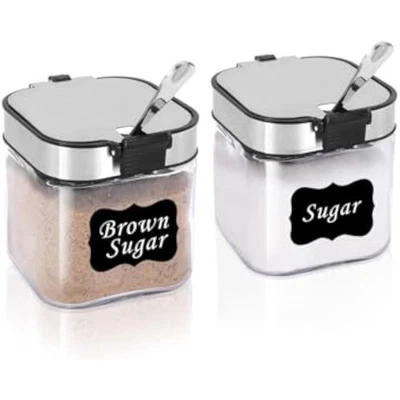 Azúcarero de vidrio con tapa y cuchara, recipiente de azúcar de acero inoxidable de 8,5 oz  Foto 1 de 4