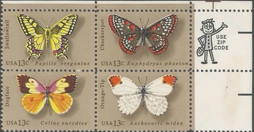 Zip Block of 4 stamps - Scott 1712-15 - 13 cent - Butterfly - 1977 - MNH - Image 1 of 1