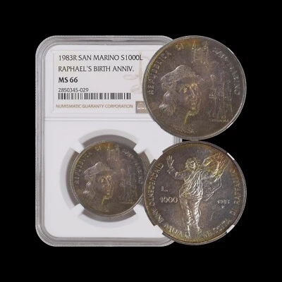SAN MARINO. 1983, 1000 Lire, Silver - NGC MS66 - Top Pop 🥇 Raphael 🌈 Toned - Image 1 of 4