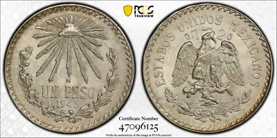 Peso de plata México 1945 M graduación profesional MS65 gema brillante brillante 2418 Foto 1 de 4