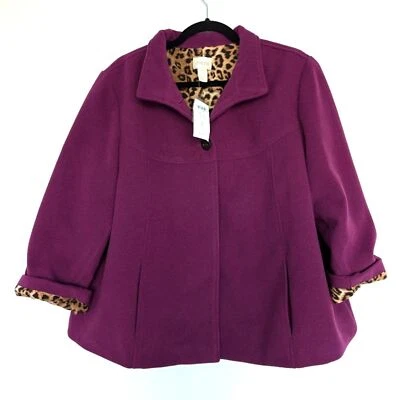 Chaqueta oscilante de felpa lisa Chico's nueva con etiquetas con forro interior de leopardo en ciruela de huerto Foto 1 de 4