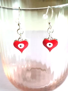 Sweet Red Enamel Evil Eye Heart Silver Plated Earrings - Picture 1 of 9
