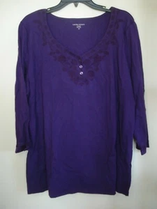 Ladies Plus Knit Henley Top Size 1X Plum Embroidered - Picture 1 of 3
