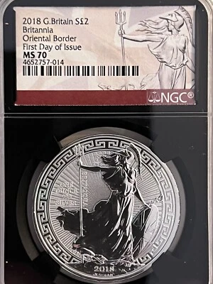 2018 1oz .999 SILVER UK. BRITANNIA ORIENTAL BORDER NGC MS 70  FDI. ONLY 27 MS70. - Image 1 of 4