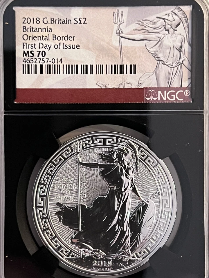 2018 1oz .999 SILVER UK. BRITANNIA ORIENTAL BORDER NGC MS 70  FDI. ONLY 27 MS70. - Image 1 of 4