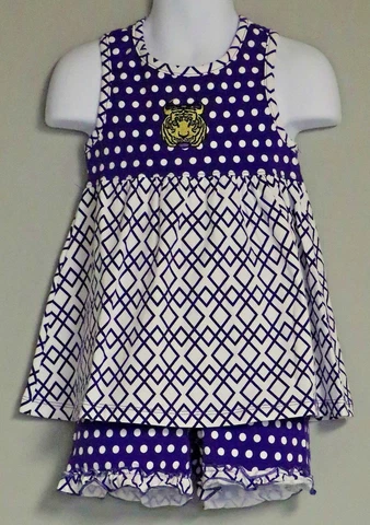 LSU TIGERS GIRL'S 2 PIECE SHORTS OUTFIT TUNIC SET RUFFLED  PURPLE WHITE NEW Cover