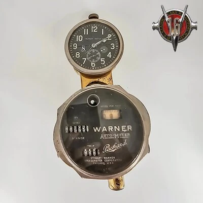 Antiguo reloj Packard Waltham de latón y Stewart-Warner automático/velocímetro con soporte Foto 1 de 4