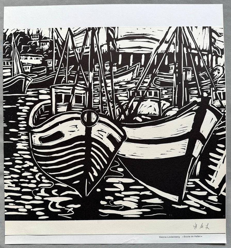 Helene Menne-Lindenberg, Linolschnitt, Boote im Hafen, signiert - Bild 1 von 1