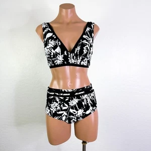 Tommy Hilfiger Floral Mesh Bikini Plunging Top High Waist Bottom Black S NWT - Picture 1 of 13