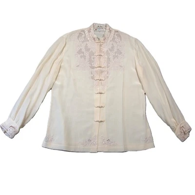 Vtg Peony Silk Chinese Blouse Womens 38 Peach Hand Embroidered Lace Cottagecore - Image 1 of 4