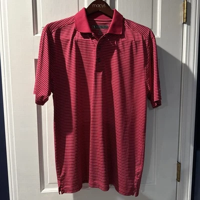 PEBBLE BEACH Mens Medium Performance Polo Golf striped Pebble Beach CC logo Red - Image 1 of 4