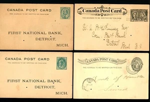 #122 Canada 4 Postal Cards 1898 1902 Used Preprinted 1st Natl. Bank Detroit Mich - Picture 1 of 2