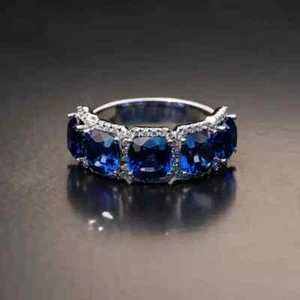 Anillo de San Valentín de diamantes y zafiros naturales de 5,25 quilates de oro blanco real de 14 quilates TALLA - Imagen 1 de 7