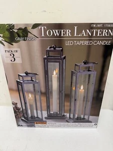 Turmlaterne 3er Set - LED Kegelkerze, graue Oberfläche, Fernbedienung inklusive - Bild 1 von 7