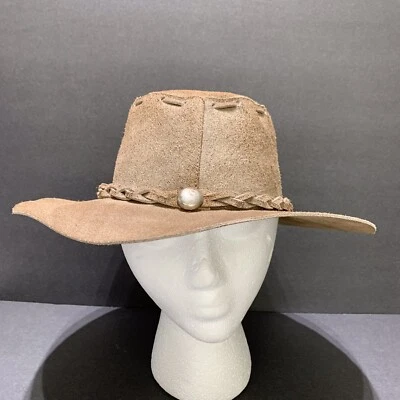 Vintage Brown Suede Leather Cowboy Western Hippie Boho '70's Hat Braided Band - Image 1 of 4