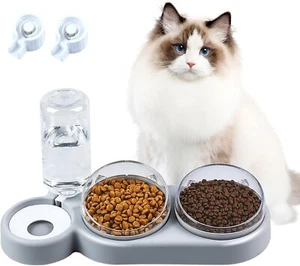 Ciotole Rialzate per Gatti 3 pezzi con Dispenser Acqua Automatico Doppia Ciotol - Foto 1 di 12