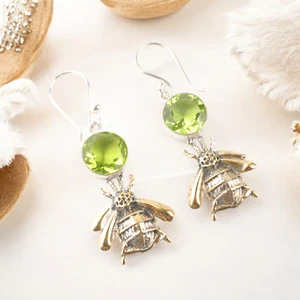 Pendientes de abeja miel piedras preciosas de peridoto natural joyería de plata de ley 925 para ella - Imagen 1 de 8