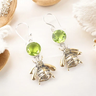 Pendientes de abeja miel piedras preciosas de peridoto natural joyería de plata de ley 925 para ella Foto 1 de 4
