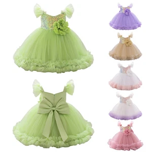 Girl Fly Sleeve Sparkly Sequins Fake Flower Bowknot Decorated Tutu Mesh UK - Picture 1 of 77