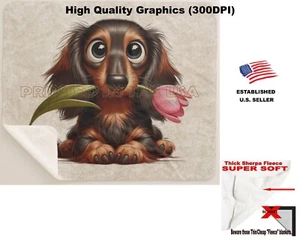 DigiPups Dachshund Long Haired Dog Pink Tulip Cartoon Sherpa Fleece Blanket - Picture 1 of 6