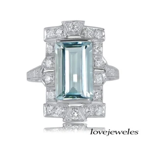 Anillo de boda vintage Art Deco aguamarina real de 3 quilates corte esmeralda oro blanco de 14 quilates FN - Imagen 1 de 6