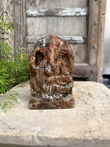 Ancient Old Marble Stone Hand Carved Saffron Paint Hindu God Ganesha Sculpture