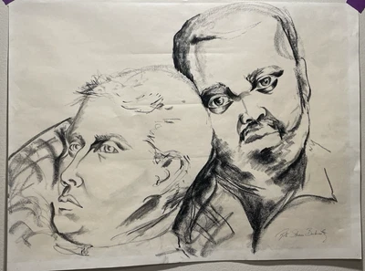 Original Vintage Carbón Dibujo Retrato Rostros Dos Hombres Rita Straus Berkowitz Foto 1 de 4