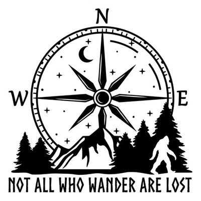Calcomanía adhesiva Sasquatch Not All Who Wander Are Lost Compass Mountains Bigfoot V2 Foto 1 de 4