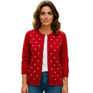 W.Lane Cardigan Women Size Large Red White Polka Dot Button Front Knit - Picture 1 of 9