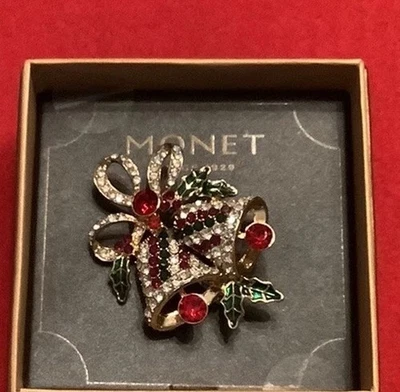 Broche Prendedor Campana Navidad Monet Rojo Transparente Verde Cristales Nuevo en Caja Foto 1 de 2