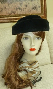 Vintage Pillbox Hut schwarz Midi Velour Jan Leslie Custom Design Made France Gr. M - Bild 1 von 9