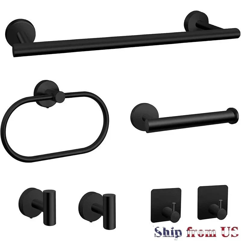 7pcs Bathroom Hardware Accessories Set Towel Bar Set Black 304 Stainless Steel - Image 1 of 4