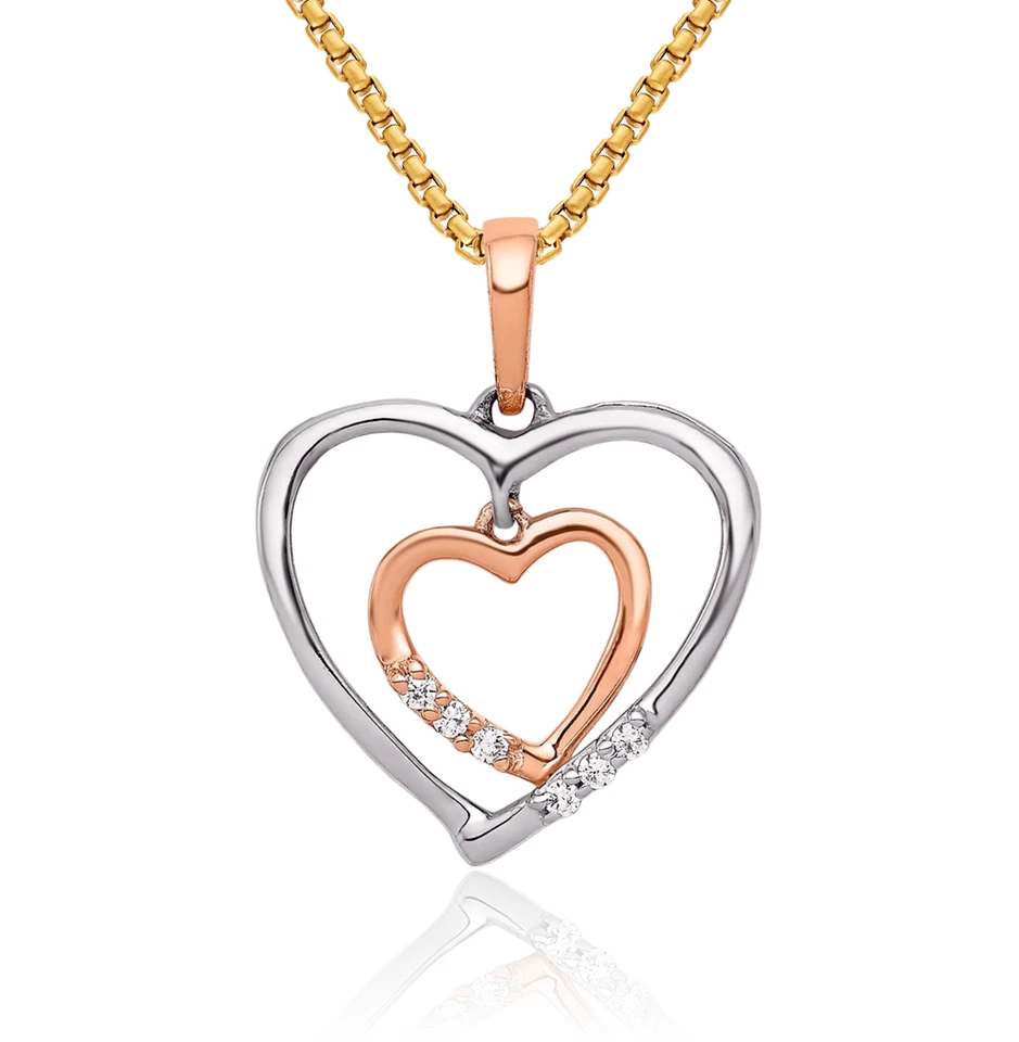 14K Solid Two Tone Gold Heart Diamond Necklace - Image 1 of 1