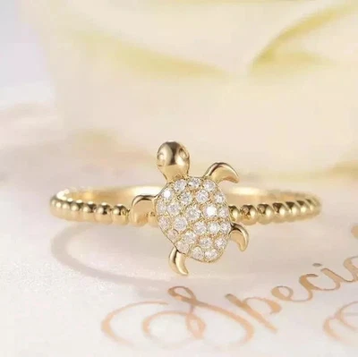 1.30 Ct Round Cut Real Moissanite 14k Yellow Gold Plated Turtle Engagement Ring - Image 1 of 4