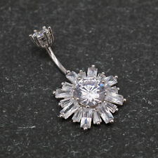 Sterling Silver S925 Baguette CZ Crystal Belly Button Navel Ring Piercing A4397