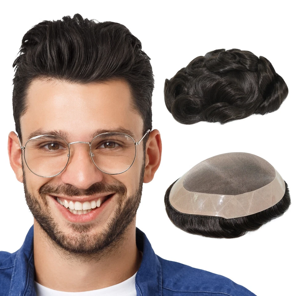 Sistema de reemplazo de cabello humano para hombre Pieza de pelo duradera Mono fino Piel Toupee Foto 1 de 4