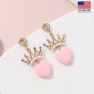 Women Retro Earrings Hollow Royal Crown Crystal Pearls Love Heart Stud 1274 - Picture 1 of 4