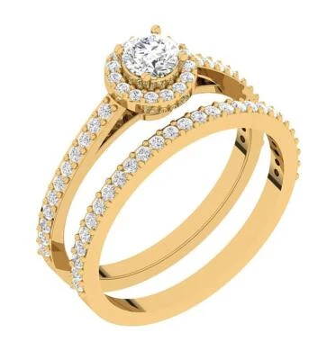 I1 G 1.05Ct Round Diamond Halo Wedding Bridal Ring Set 14K Yellow Gold Prong Set - Image 1 of 4