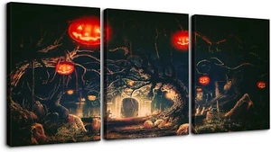 Wall Art 3 Piece Halloween Pumpkin Vintage Framed Canvas Print Home Office Decor - Picture 1 of 6