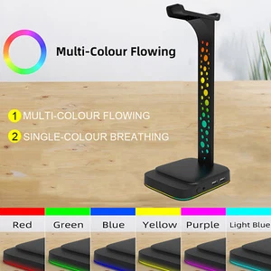 Cool Gaming Headphone Desk Holder RGB Dual Headset Hanger 2 USB Ports Stand - Picture 1 of 11