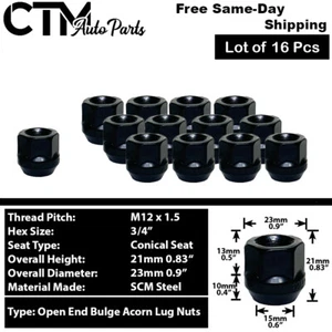 16Pc BLACK M12x1.5 OPEN END BULGE ACORN WHEEL LUG NUTS FIT CHEVY FORD&NA/EU CAR - Picture 1 of 2