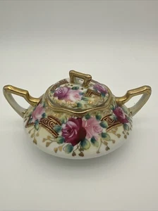 Zuccheriera Nippon dipinta a mano con coperchio piattino oro rosa bellissima - Foto 1 di 12