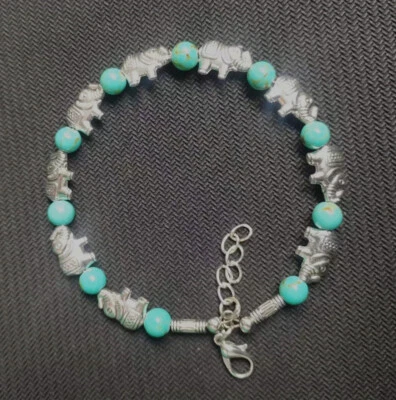 Jewelry Bracelet Tibetan Silver Elephant Ladies Green Turquoise Stone Bangle - Image 1 of 2