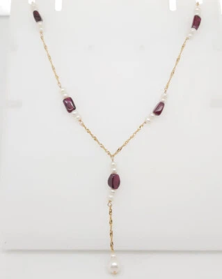 Collar de cadena de oro amarillo de 14k con perlas y piedras moradas de 15"  Foto 1 de 4