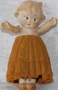 ATQ GERMAN KEWPIE COMPOSITION PAPER MACHE DOLL 5 1/2" w/ PAPER SKIRT - Picture 1 of 11