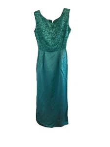 Vintage 1960s Silk Satin Teal Beaded Wiggle Sheath Long Evening Gown Xs Empire - Picture 1 of 9