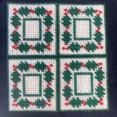 Vintage Plastic Canvas Holly 4 Coaster Set Handmade Needlecraft Red Green - Image 1 of 3