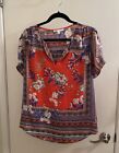 DR2 Graphic Scarf Print Flow Short Sleeve Red Blue Blouse Top Large