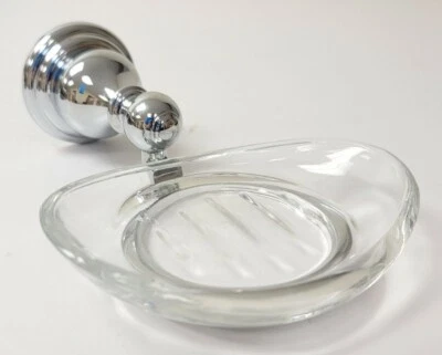 Wall Mount Chrome Bathroom Soap Dish Holder w/ Glass Plate Brass Accent Option - Image 1 of 4